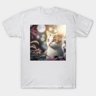 Cute White Cat Floral Background | White, brown and grey cat with blue eyes | Digital art Sticker T-Shirt